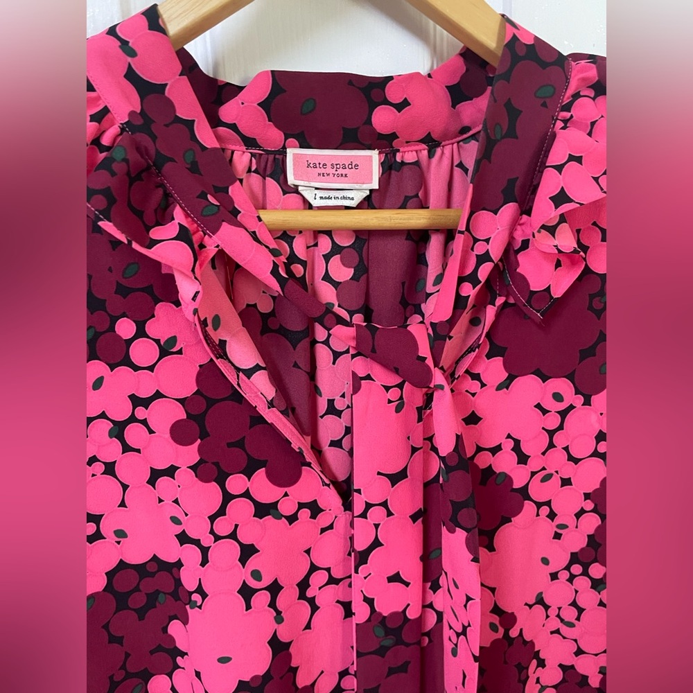 Kate Spade Blouse Top Women’s Large Bubble Dot Floral Tie Neck Pink Designer - Picture 7 of 10